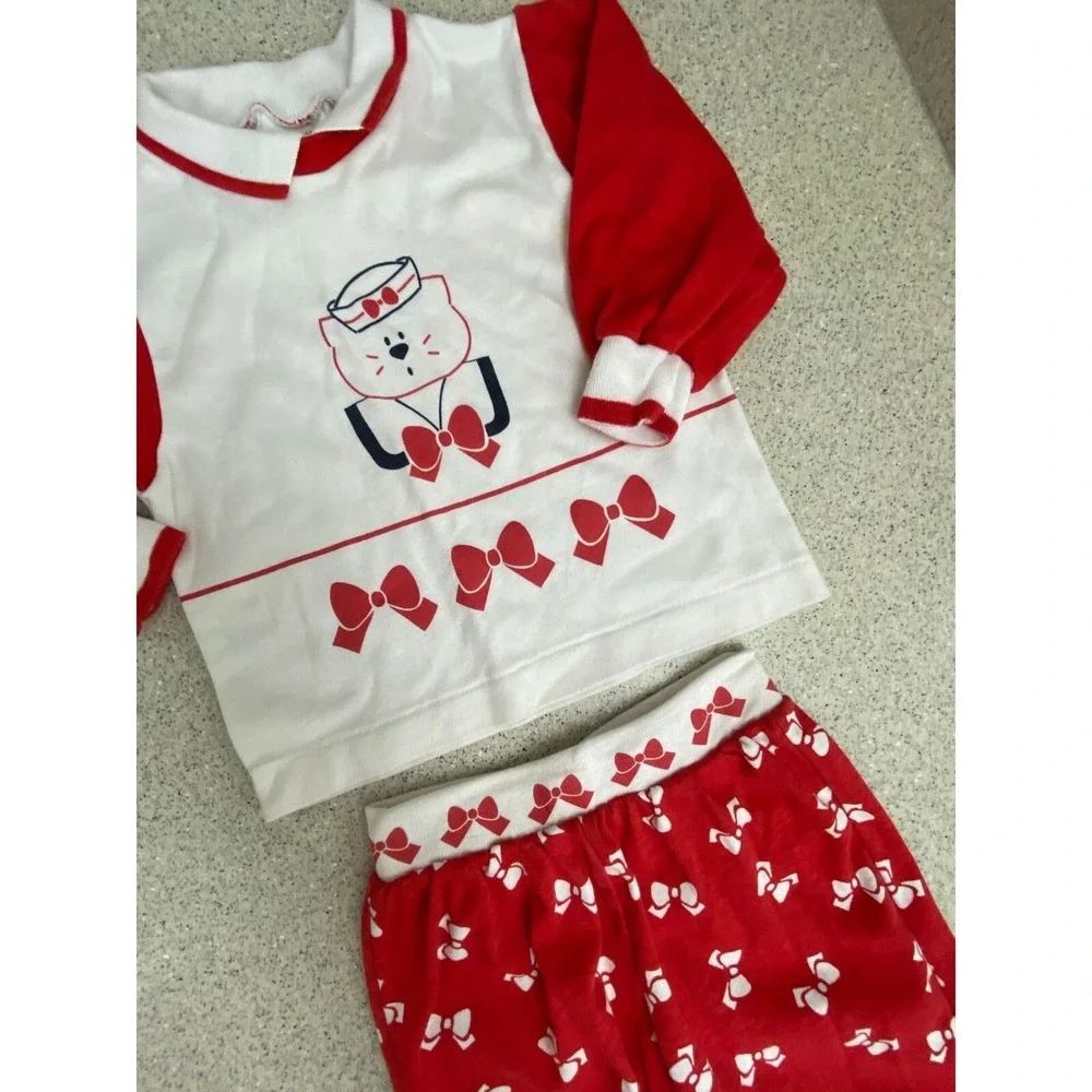 Health-tex Vintage Pajama Set‎ Sailor Bear Bows Red White 3T